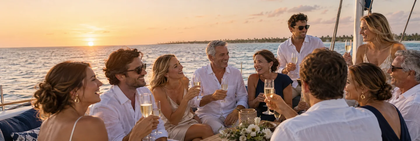 Visual concept: two families of different generations toasting together on a catamaran at golden hour.